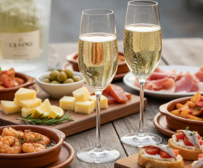 copas de cava español servidas con tapas