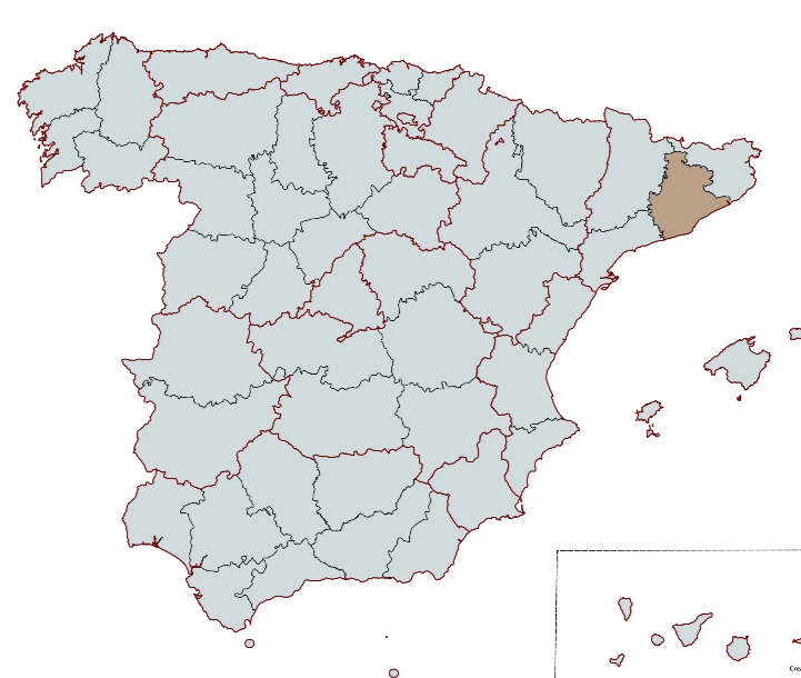 Mapa de España con la región del Penedès resaltada, indicando la zona donde se elabora el vino espumoso Corpinnat.