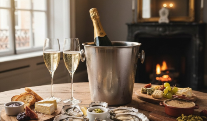 Crémant servido en copa con aperitivos