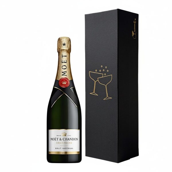 Botella de Champagne Moët & Chandon Brut Impérial con estuche de regalo negro.