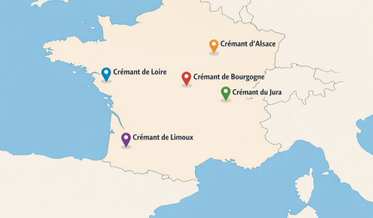 Mapa de Francia con las principales regiones de crémant